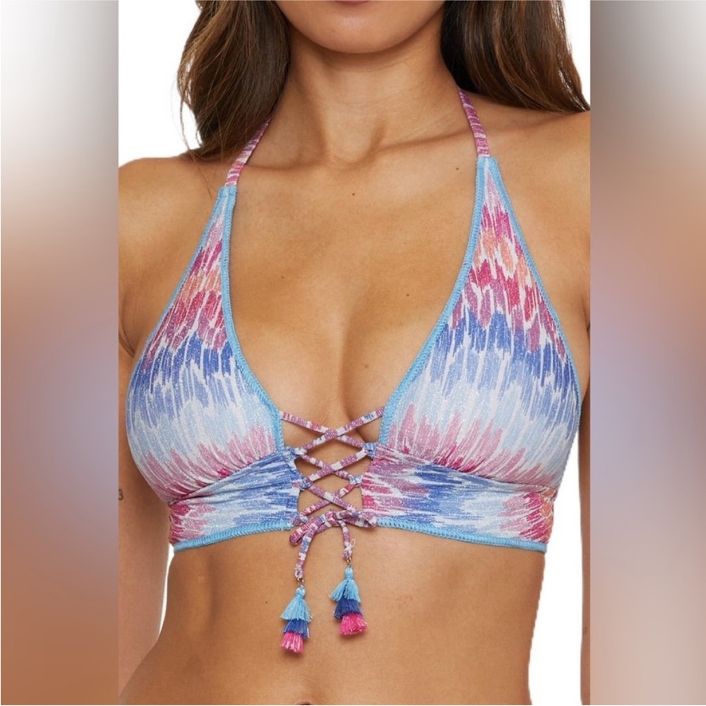 BECCA NWT M PINK BLUE SPARKLE LONG LINE Halter TIE TASSEL SEXY Bikini Top